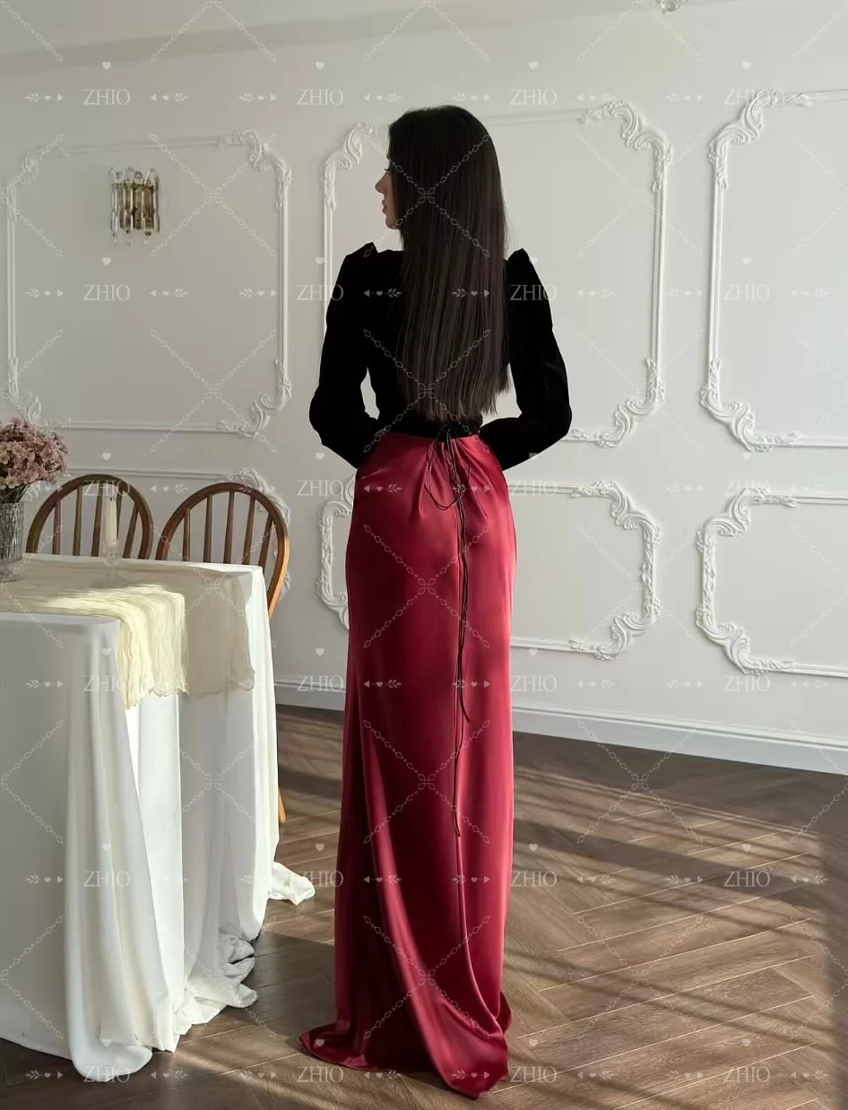 ZHIO vestido de noche de satén rojo oscuro con contraste de terciopelo negro, 2 uds., manga larga, sirena, ocasión Formal, fiesta, graduación, personalizado, elegante