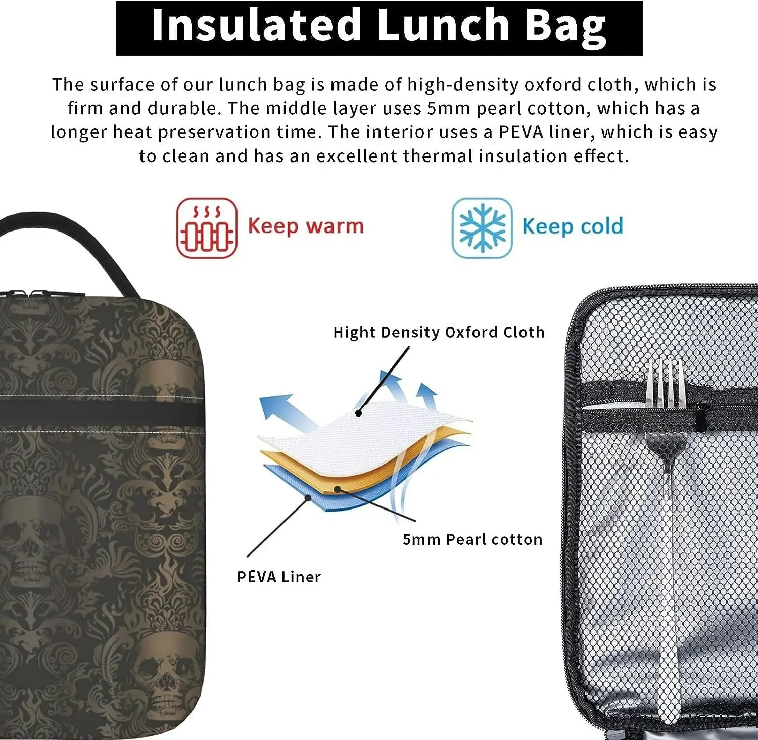 Gothic Skull Print Unsulated Lunch Bag Women Men Thermal Lunch Box Bento Tote Bags Container for Work Travel Picnic Camping