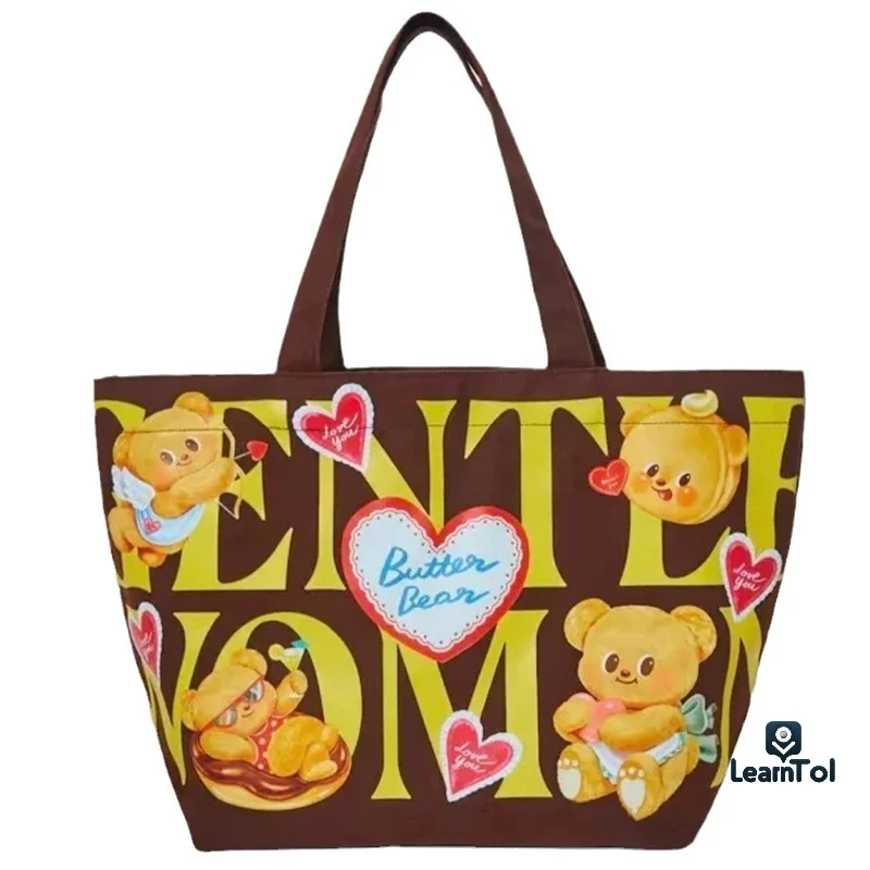 

Cute Canvas Bag Fashion Cartoon Butter Bear Women Handbags Shoulder Bag Female Large Capacity Shoulder Bag Outdoor Tote Bag