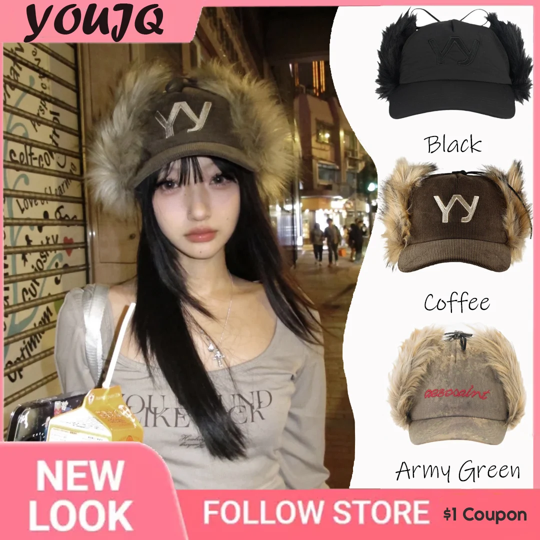 

Feather Retro Leopard Plush Baseball Caps letter Embroidered Streetwear Daily Hat Sunscreen Caps Korean Bomber Hat For Women