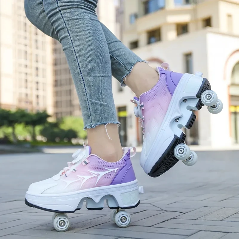 Four-Wheel Deformation Roller Skates Shoes Double-Row Parkour Sports Roller Shoes Men Women Roller Skates Unisex Kids Sneakers