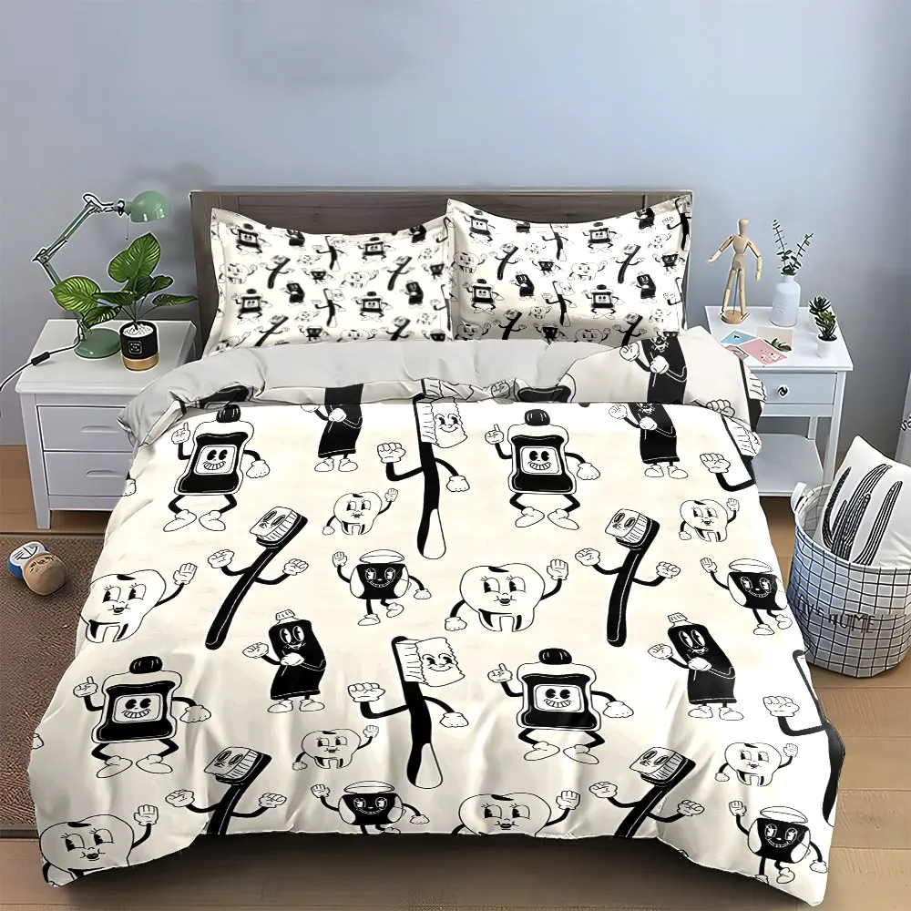 Cartoon Dental Care Set Illustration Bedding Set with 1 Duvet Cover 2 Pillowcases Single Double King Queen, Gift