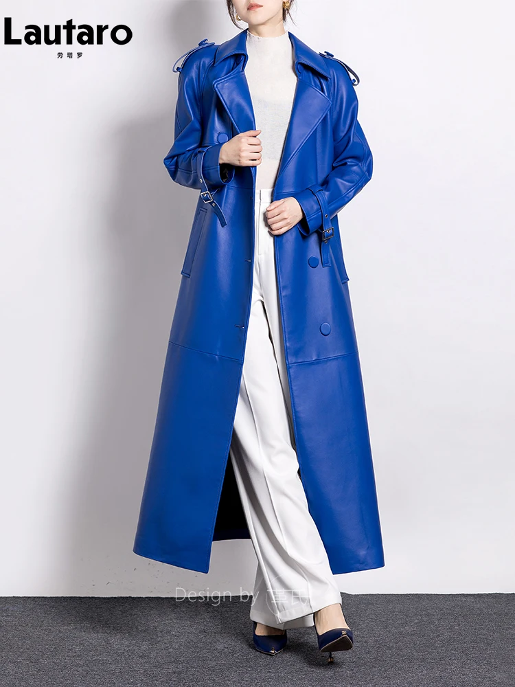 Lautaro Spring Autumn Extra Long Luxury Elegant Blue Soft Pu Leather Trench Coat for Women Stylish Runway European Fashion 2023