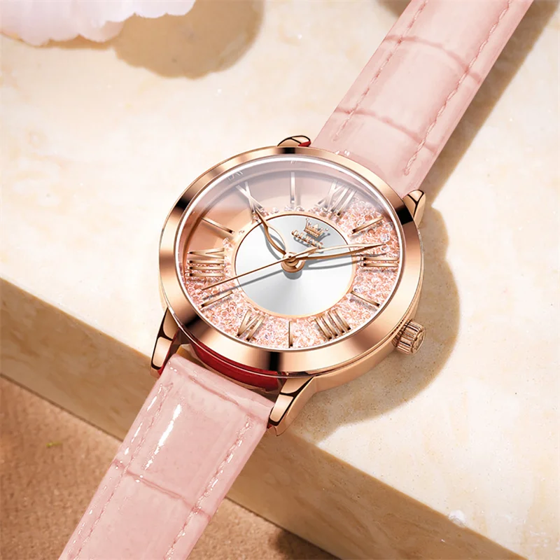 

Fashion Bling Crystal Ladies Watch Rose Gold Case Pink Leather Strap Luxury Elegant Female Quartz Wristwatch Gift for Women ﻿