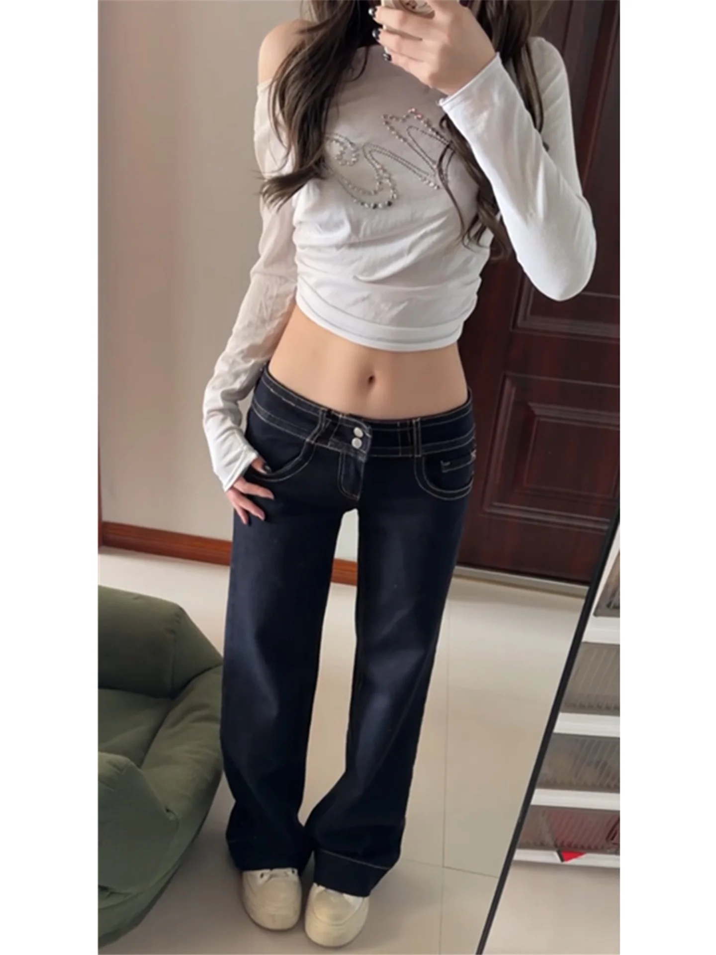 

Retro American Deep Blue Low Waist Flared Jeans Women's Loose Slim Straight Floor-Length Pants Casual Cotton Denim