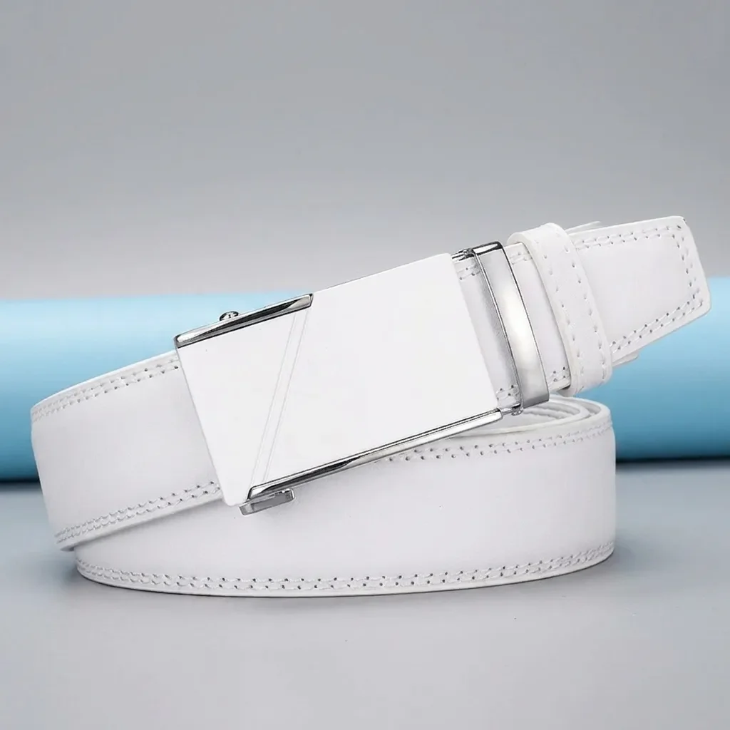 Men's Classic White Ratchet Belt Zinc Alloy Auto Buckle PU Leather Strap Business Dress Belt Formal Casual Gift