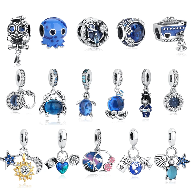 Original Silver Plated Charm Love Turtle Octopus Star Pendant Blue Beads Fit Pan Bracelets Necklaces Women DIY Jewelry Gift