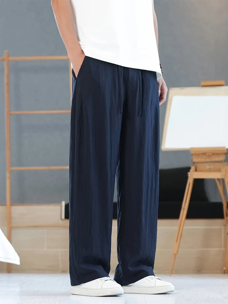 

Мужские летние тонкие свободные прямые брюки из льна и шелка, повседневные длинные брюки из хлопка и льна