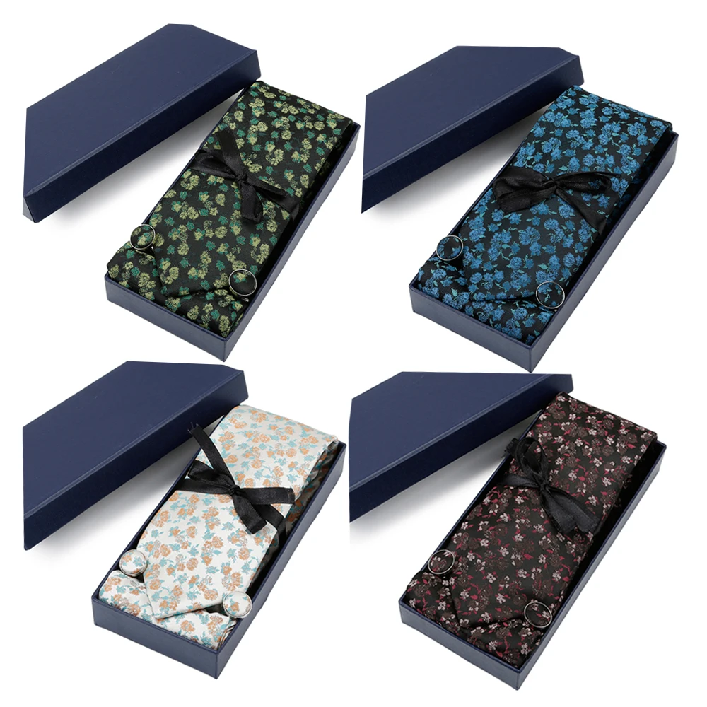 

100% Silk Floral Ties Men's Necktie Box Set Slim Business Ties For Men Hanky Cufflinks Gift Silk Necktie Set Wedding Gravata