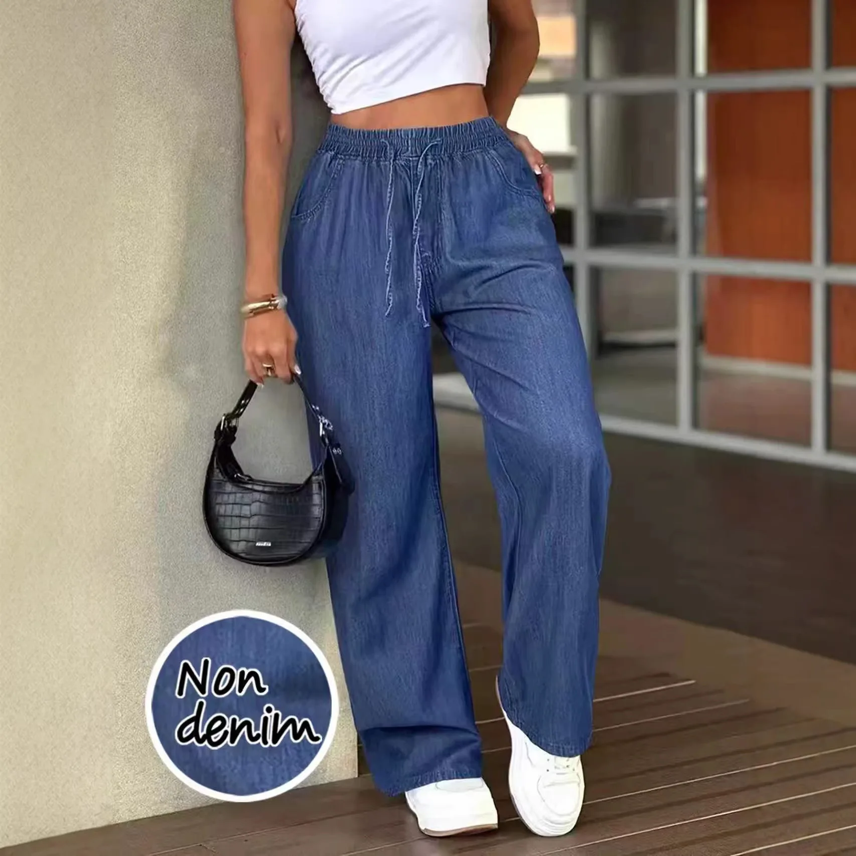 Pantalones Vaqueros de Cintura Alta y Pierna Ancha, Elásticos, Holgados, Casuales, Largos, para Mujer, Cómodos, de Algodón y Poliéster Elástico