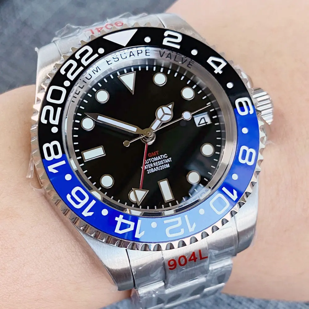 SEA 43mm Automatic Classic Watch for Men GMT 24H Bezel GMTSterile Black 43mm Steel  Wristwatch