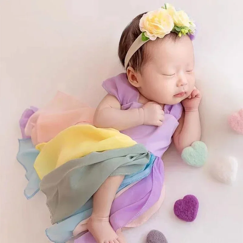 Set pemotretan baru lahir, gaun Slip warna-warni bando bunga properti foto anak perempuan kostum fotografi setelan 2 potong