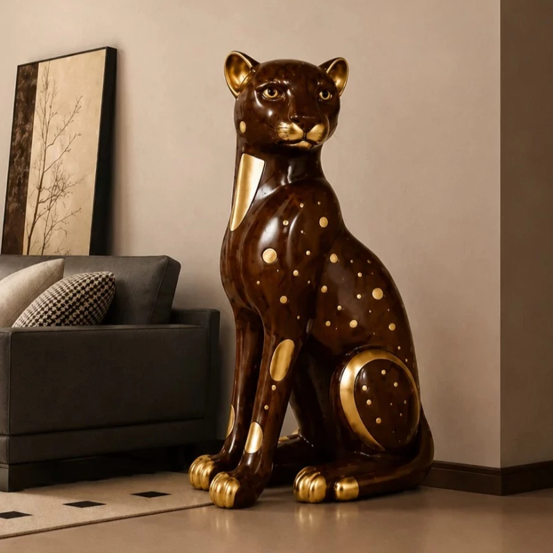 Creative Leopard Sculptures Large Scale Floor Standing Retro Fashion Sculptures Modern Luxury Resin Statues Decoration Crafts