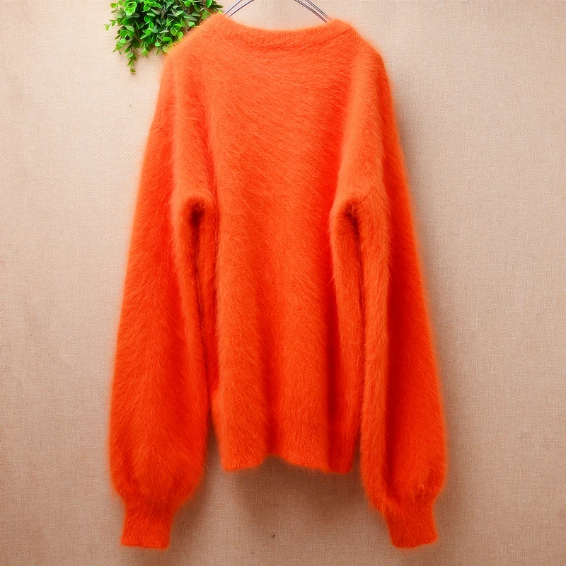 Female Women Spring Autumn Orange Hairy Angora Rabbit Hair Knitwear Inside O-Neck Long Lantern Sleeves Loose Sweater Jumper Pull