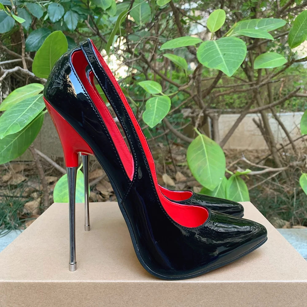 2024 Hot 16cm Pumps Extreme High Heels Shiny Black Sexy Fetish Stilettos Red Inside Drag Queen Model Man Unisex Customize Shoes