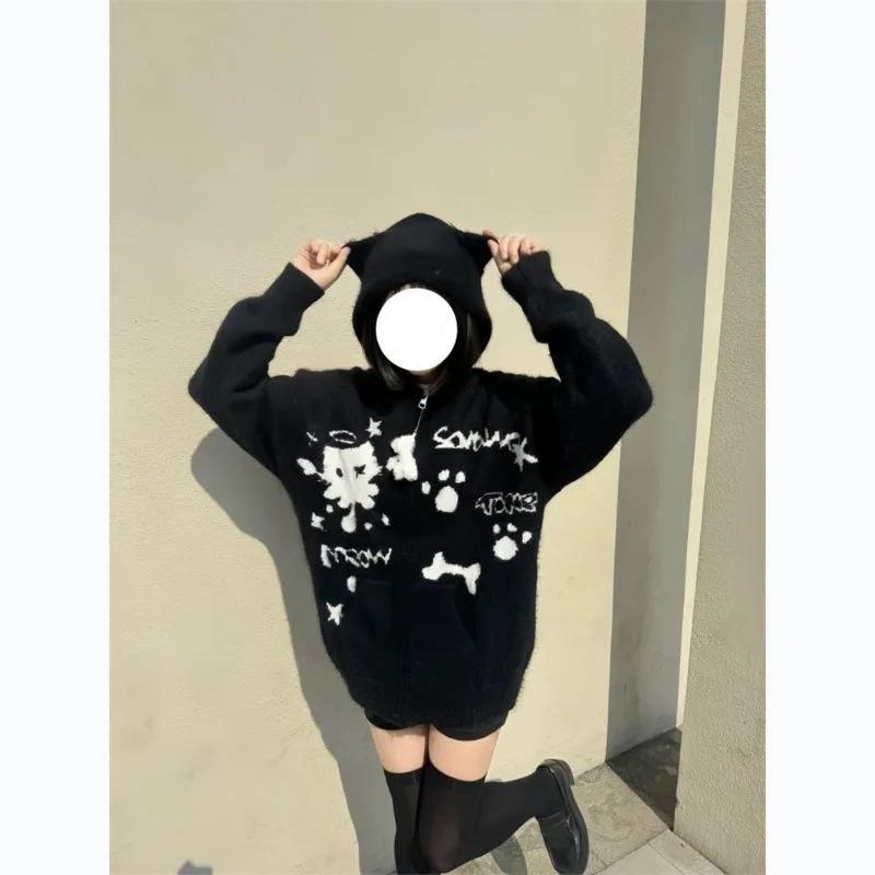 Winter Sweet Cat Jacquard Knitwear Japanese Subculture Girl Style Sweater Youthful Women's Fashion Loose Casual Kawaii Coat