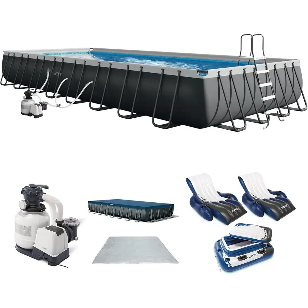 Set de Piscina Elevada con Estructura de 32' x 16', Bomba de Filtro de Arena, 2 Sillones Reclinables y Nevera Portátil