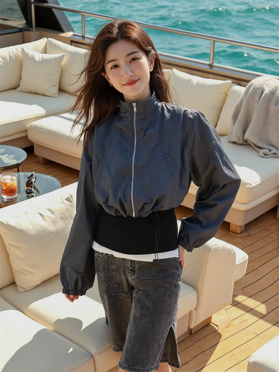 

Cropped Pleated Zipper Jackets Double Sided Demi-Season Jacket For Women Winter Soft-Shell Suede Motorbiking Lady's Cute Commute