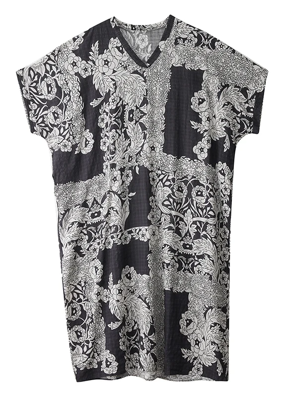 فستان صيفي عتيق طويل Dr Bla مطبوع عليه زهور من القطن والكتان V-Ne للسفر غير رسمي فضفاض الخصر ort Sve H-ape