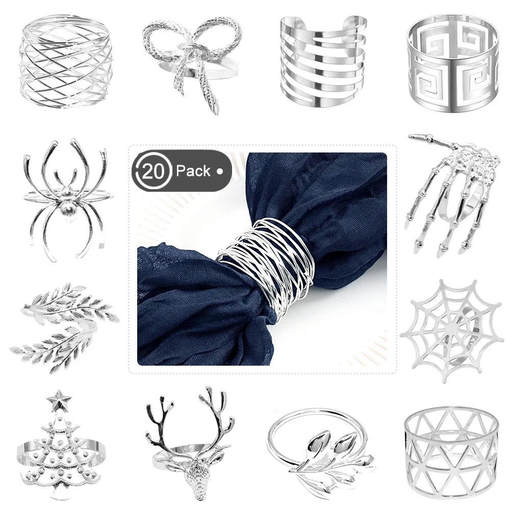 20Pcs Sliver Napkin Rings Round Spider Web Tree Deer Bow Ghost Head Leaf Napkin Holder for Christmas Wedding Party Table Decor