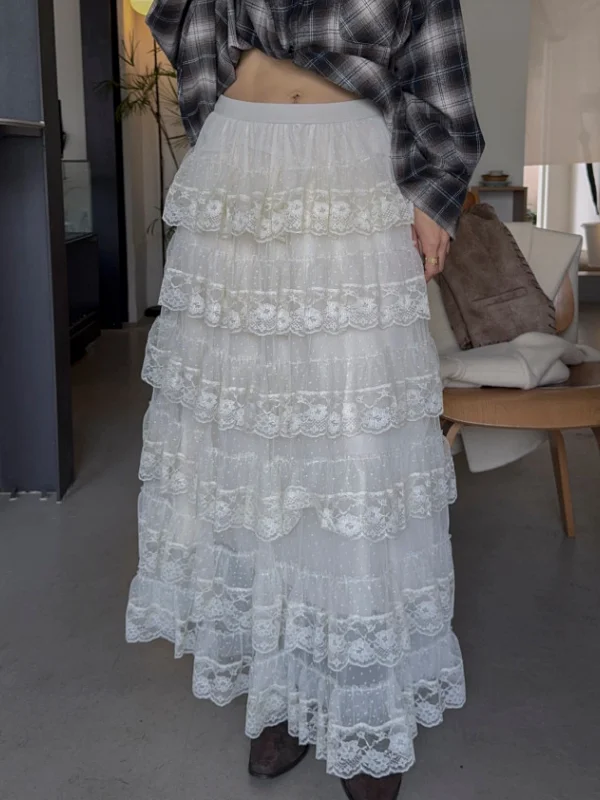 Chic Hohe Taille Spitze Me Kuchen Rock frauen Faionable Elastische Taille Rock Koreanische Sle Gestickte Ci Pendeln