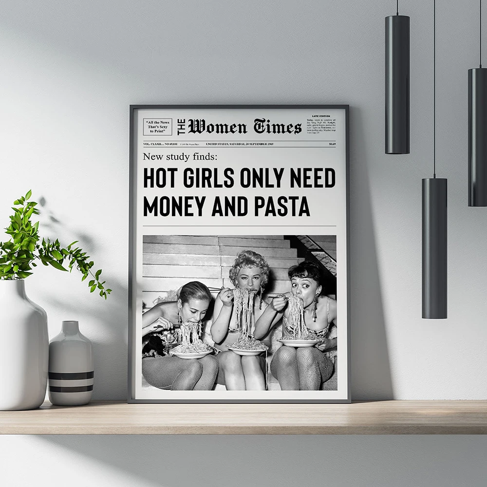 Girls Having Fun EatTing Pasta Newspaper Print Vintage Black and White Poster Wall Art Canvas Painting Picture Living Room Decor