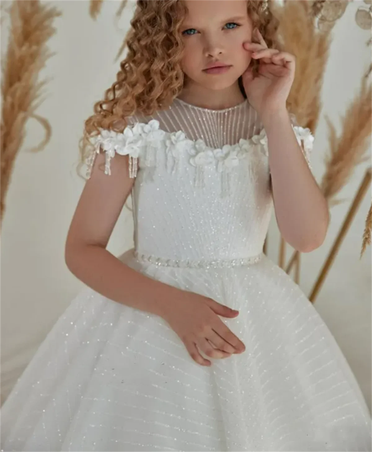 Vestido de flores para niña, vestido blanco esponjoso, encaje brillante, borla, apliques de flores encantadoras, fiesta de graduación