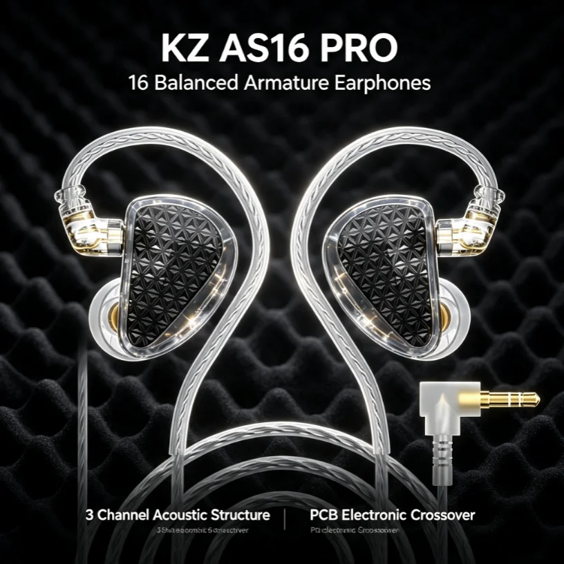 KZ AS16 PRO 16 Balanced Armature IEM 3 Channel Acoustic Conduit 0.75mm 2 Pin Silver Plated Cable 3.5mm Wired Earbuds For Audioph