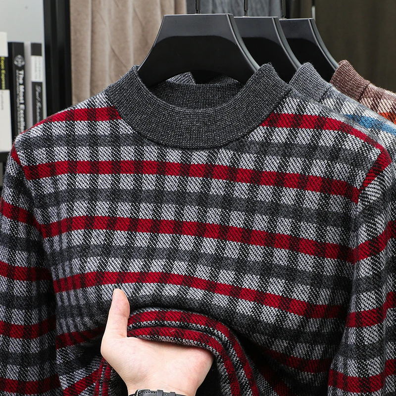 Real 100% Sheep Wool Thick jumper Men 2025 Winter Fashion Patchwork Stripes Sweater Male Cashmere Wool Warm Clothes Pullovers