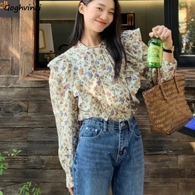 

Floral Shirts for Women New Trendy Vintage Clothing Streetwear Beauty Female Tops Spring Long Sleeve Ruffles Simple Korean Style