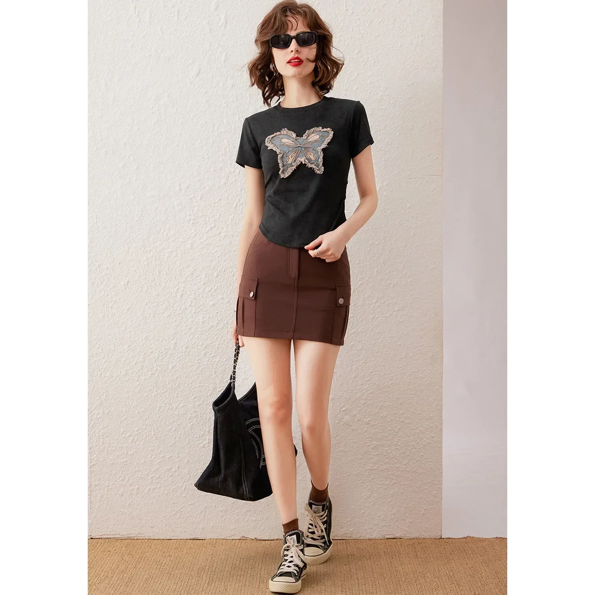 LOUIS YAO Women Tee Fashion Butterfly Washed Embroidery Summer T-shirt 2024 Casual O Neck Short Sleeve Slim Fit Pullover Top