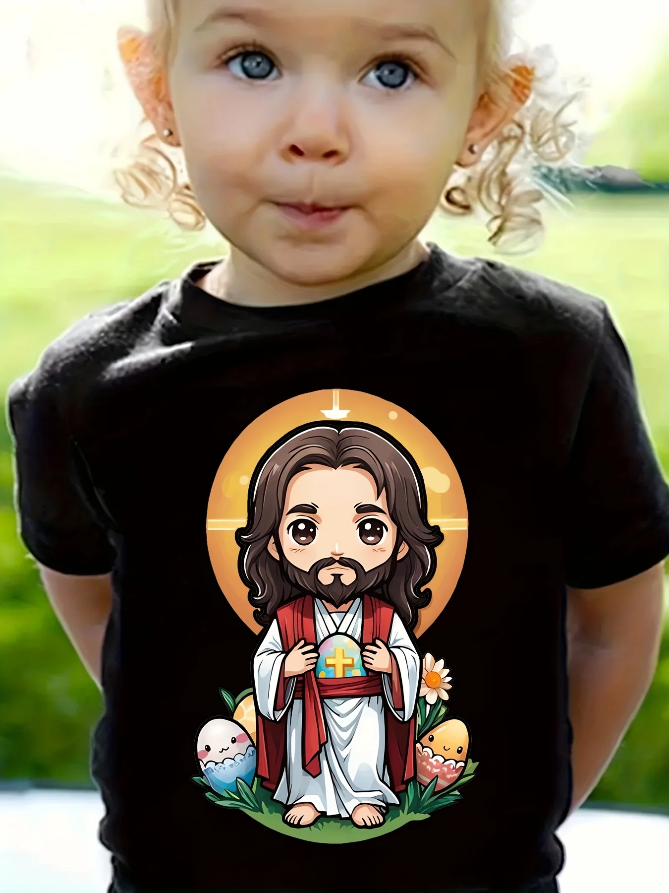 Easter Jesus Cartoon Egg Floral Print Boys Girls Family Matching Tee Soft Kids Parent Short Sleeve Daily Casual Comfort T Shirt