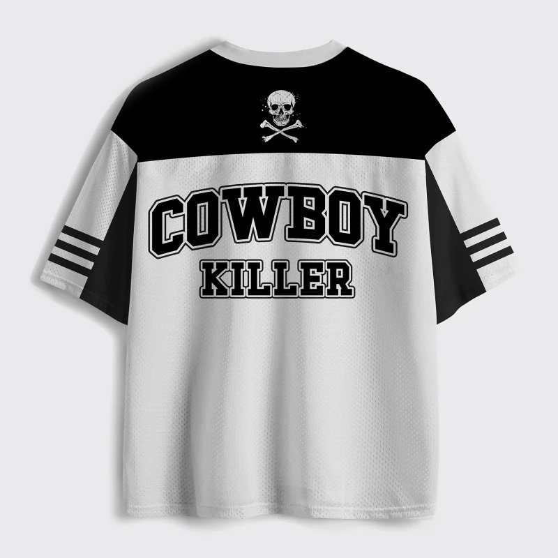Unisex Cowboy Killer Graveyard Football Jersey Gothic Western Skull Cross Print Black White V-Neck Short Sleeve Sports Tee