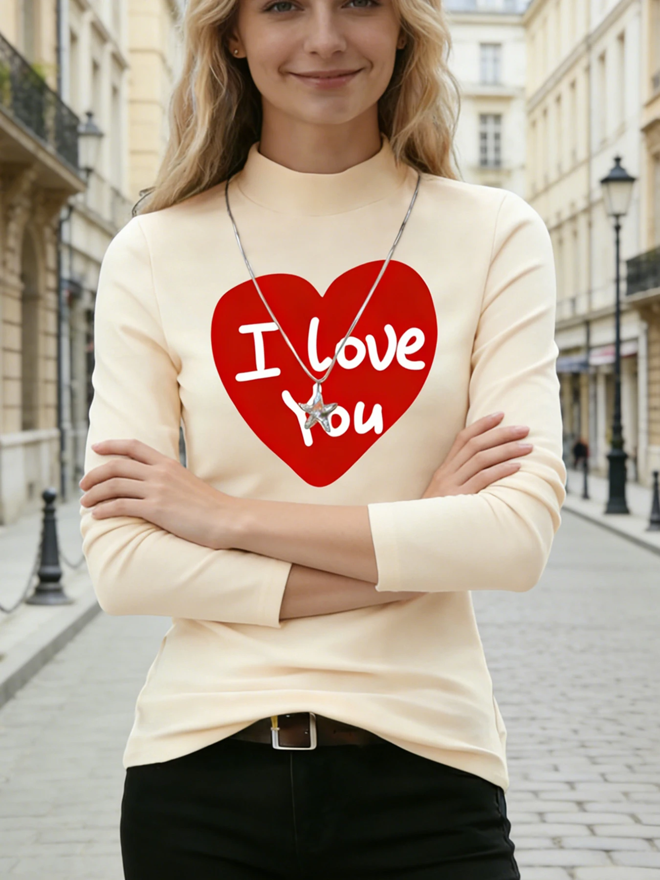 Women Mock Neck Long Sleeve Tops Owl Heart "Ill Owl Ways Love You" Print Casual Blouse Fashion Daily Warm T-Shirt Soft Top