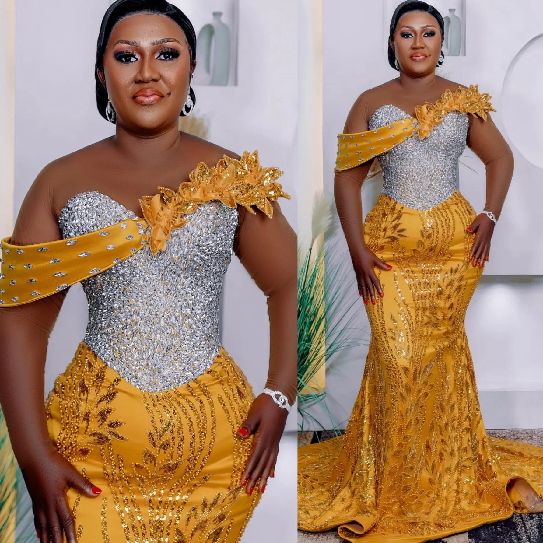 

African Plus Size Mermaid Evening Dress Sexy Transparent Long Sleeved 3D Flower Decal Crystal Bead Formal Party Dress Customized