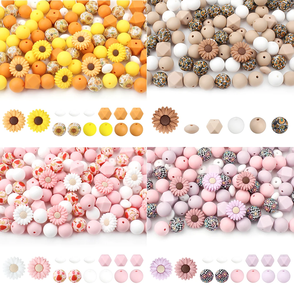 30 pçs/set flor contas de silicone conjunto 15mm impresso redondo margarida solta contas focais diy caneta artesanal jóias decoração acessórios