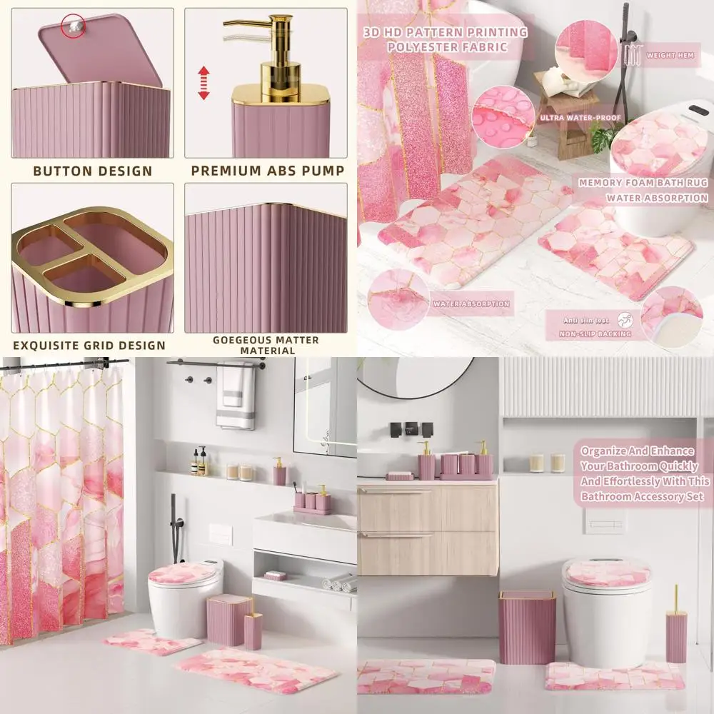 

Pink 26-Piece Bathroom Set with Shower Curtain, Rugs, Trash Can and Soap Dispenser