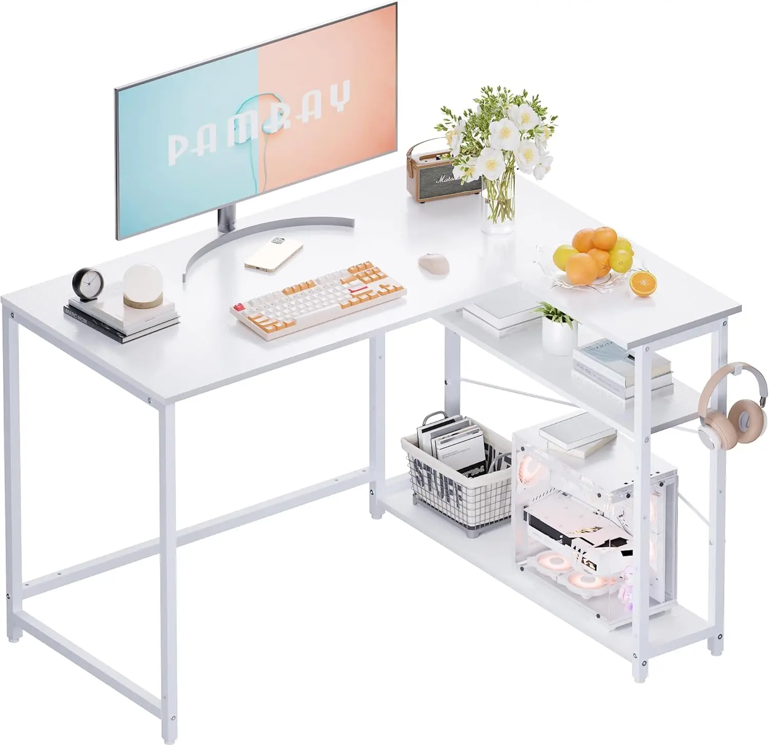 

43 Inch L Shaped Computer Desk with Reversible Side Storage Shelves, Small Corner Desk for Small Space Home Office,Writing