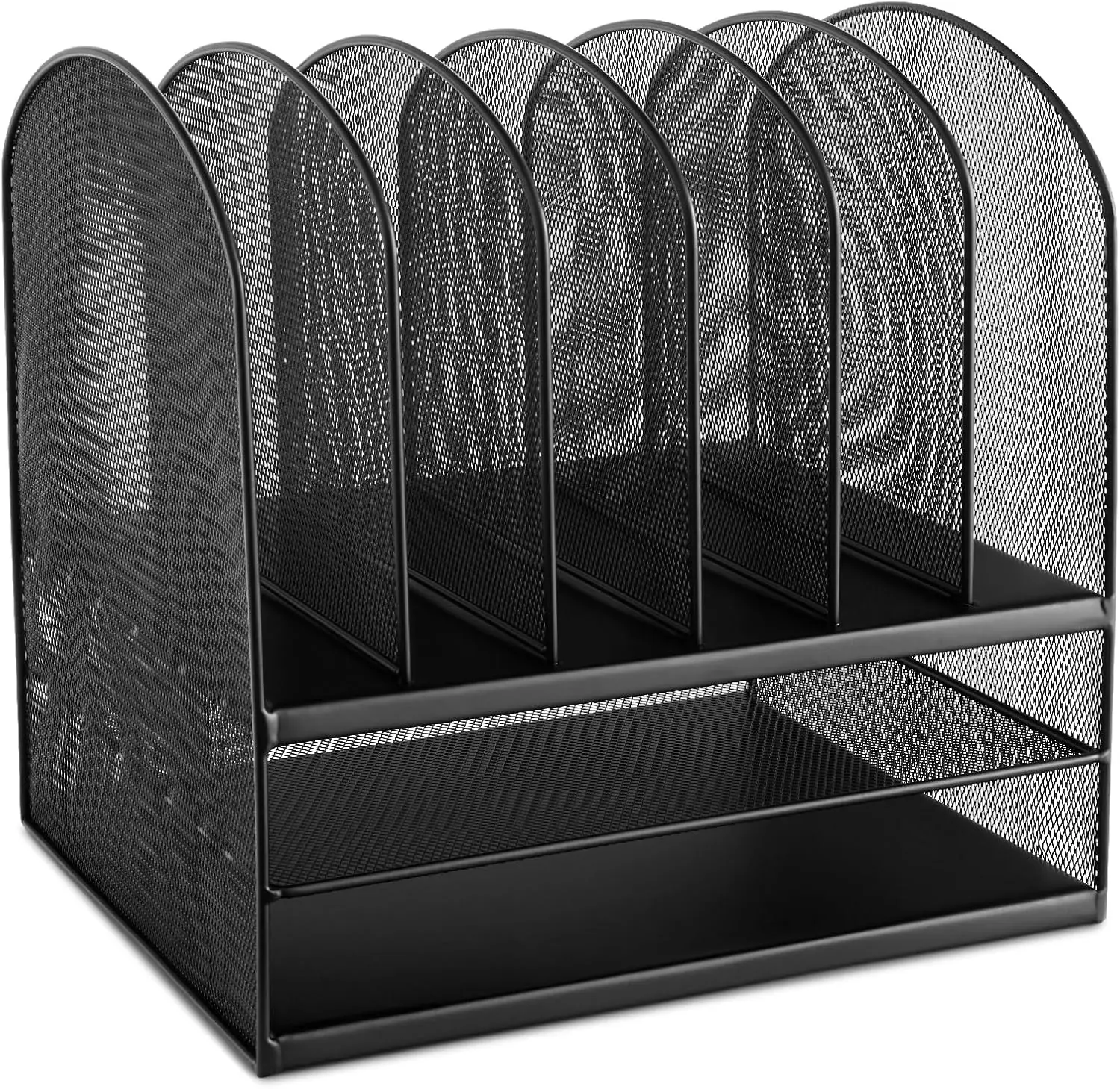 

Desk Organizer with 6 Vertical Compartments and 2 Trays, Steel Mesh Mail Sorter for Office and Classroom, Black