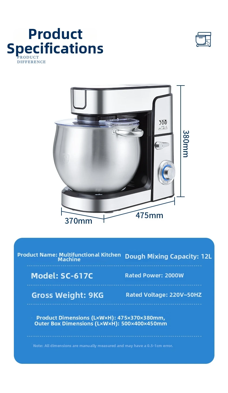 12L Gewerbliche Standmixer, Teigkneter & Rührbesen, Hochleistungs-Küchenmaschine Professioneller Chefmixer mit Edelstahlschüssel – Detail 18