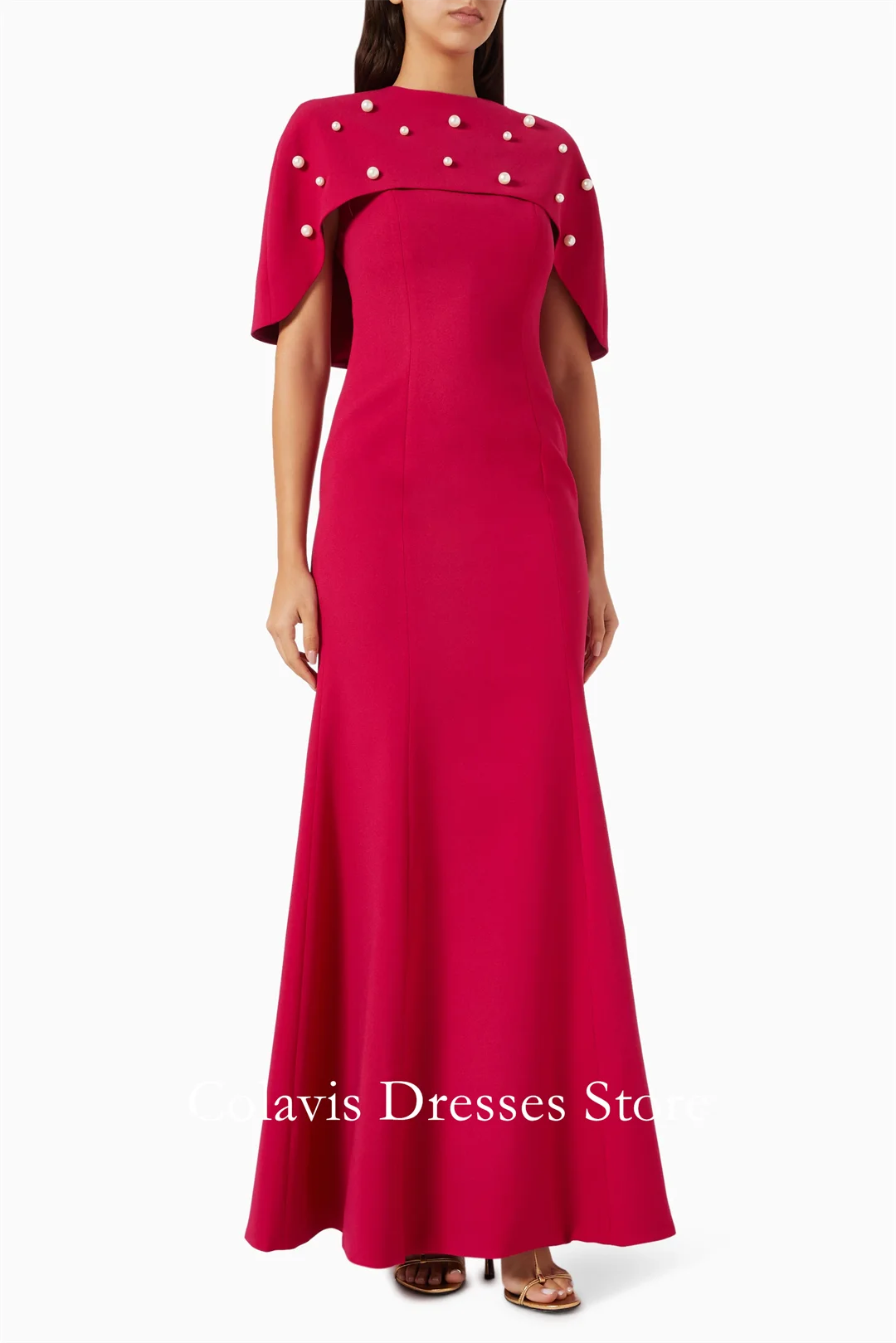 

2025 Customized O-Neck Red Short Sleeves Crepe Plus Size Prom Dresses Evening Dress Women Evening Gowns Formal Party Dress