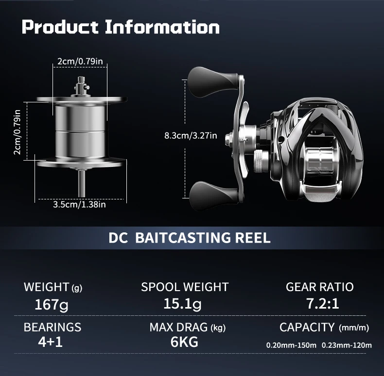 BILLINGS Baitcasting Reel DC Brake System 6KG Max Drag 167G Lightweight Baitcaster Fishing Reels 7.2:1 Gear Ratio 4+1BB Freshwater Casting Reel