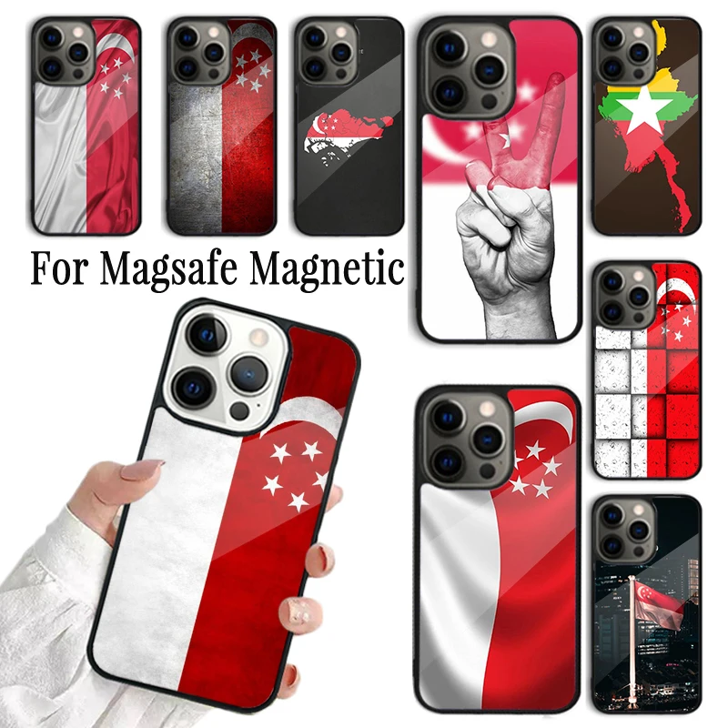 Coque Phone Case For iPhone 16 15 14 13 12 Mini 11 Pro Max Plus Magsafe Magnetic Wireless Charging Cover Singapore Flag