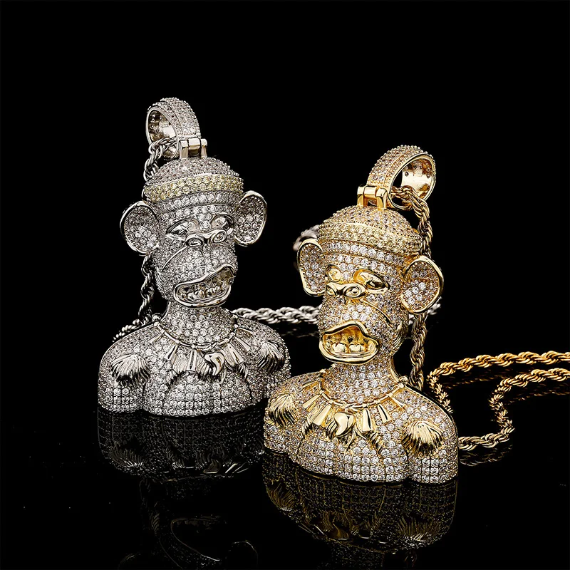 Hip Hop Micro Paved 3A+ Cubic Zirconia Bling Iced Out Ape Men Pendants Necklaces for Men Rapper Jewelry Gold Silver Color