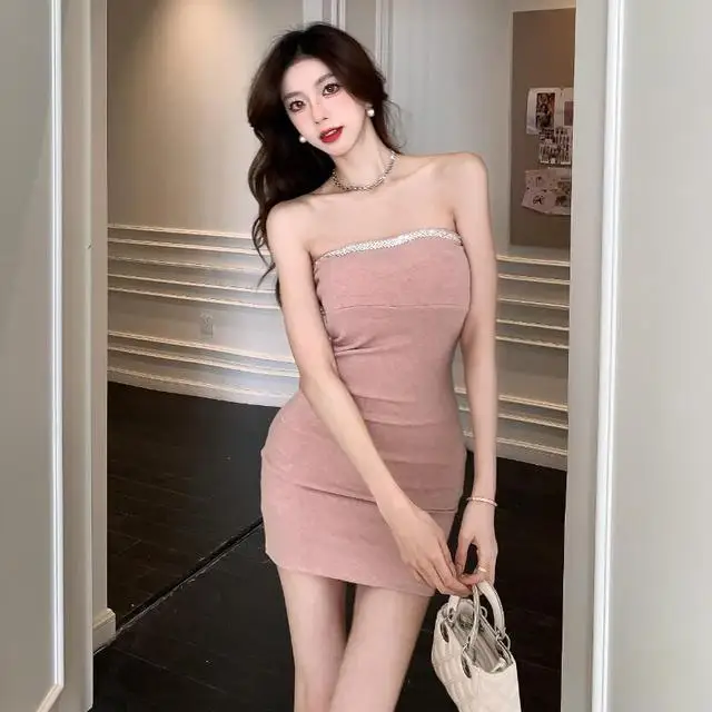 Puro sexy quente menina vestido sem alças cinto apertado almofada no peito indústria pesada diamante envoltório quadril