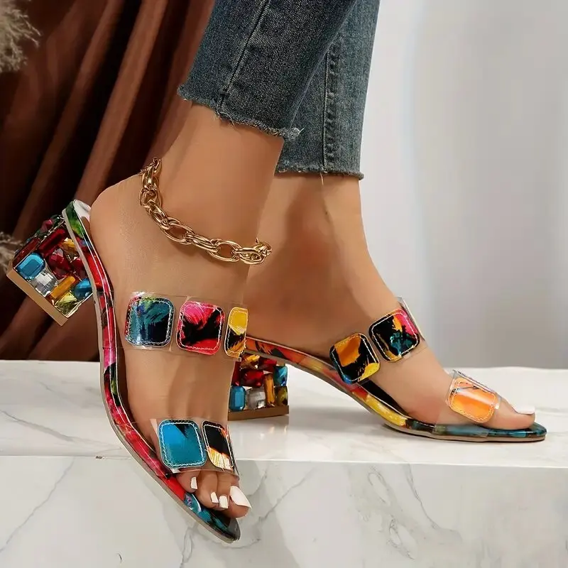 Women Colorful Thick Heel Sandals with Rhinestone Decoration Slip-On Open Toe Medium Heel Shoes Fashion Sandals