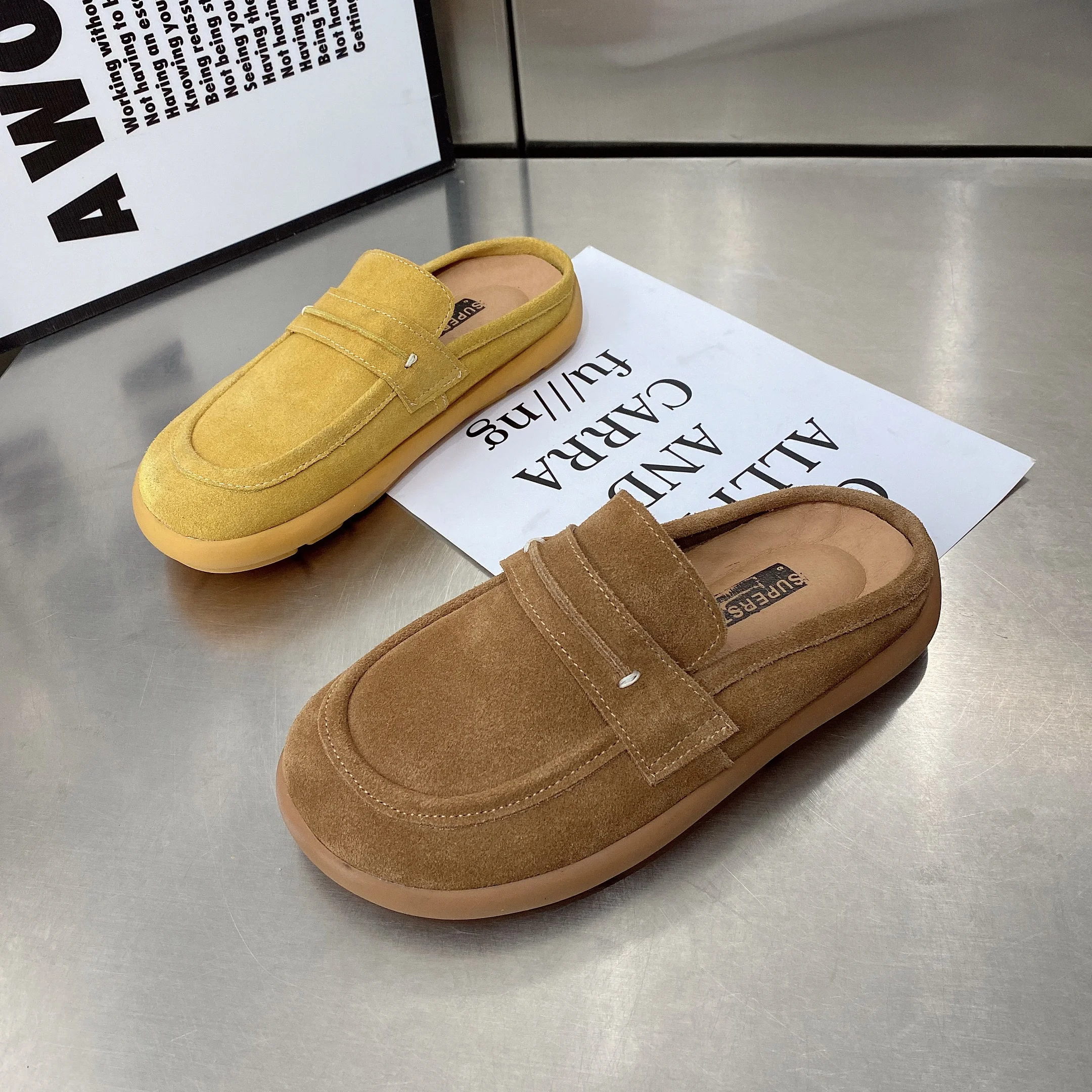 

Pure Cowhide Leather Slip-On Mules Flat Bot Outdoor Wearable Women's Sandals Casual Sle Low Heel Rubber Outsole