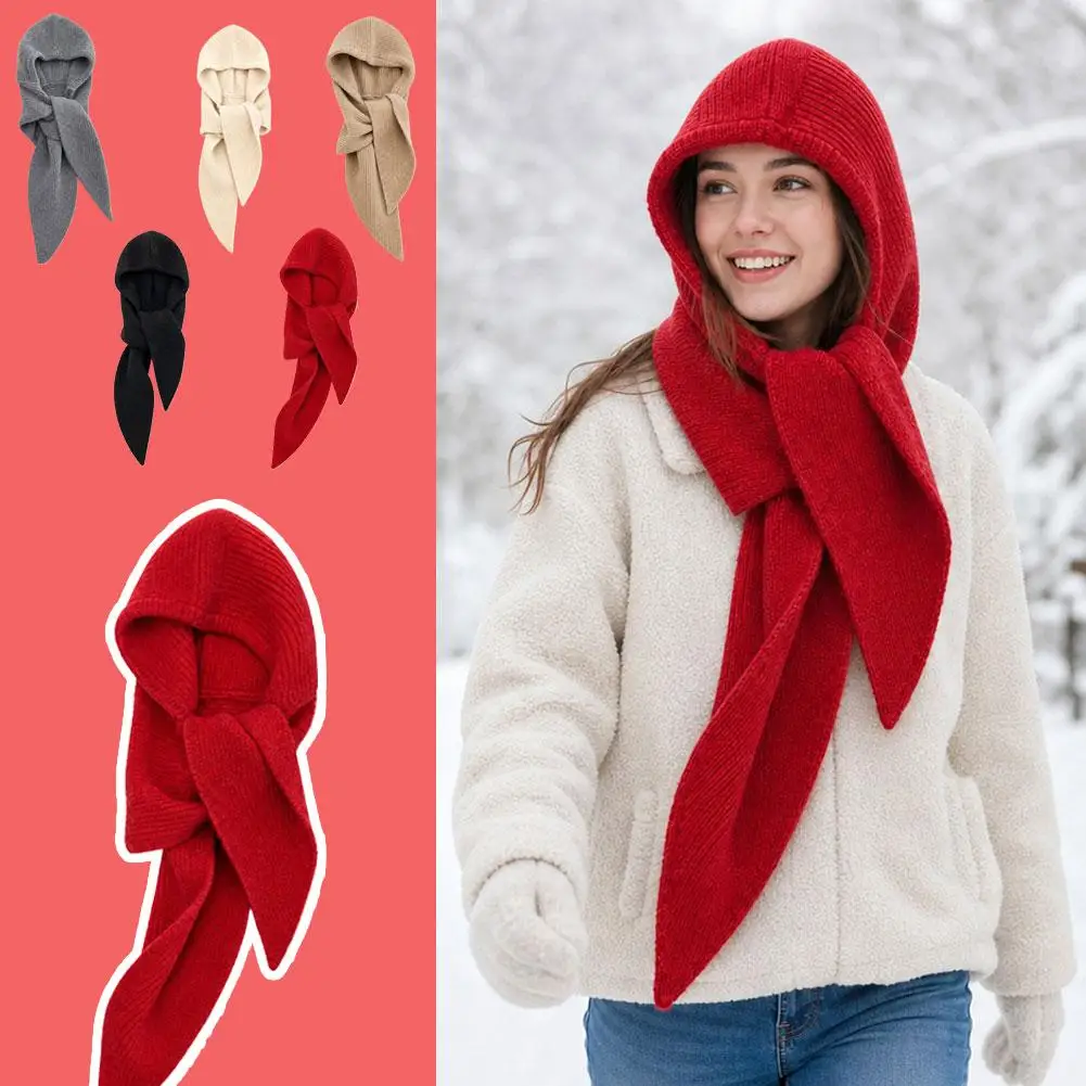 Women Knitted Balaclava Hat Winter Warm Beanie Scarf Integrated Thermal Neck Warmer Cold Weather Minimalist Outdoor Skiing Gift