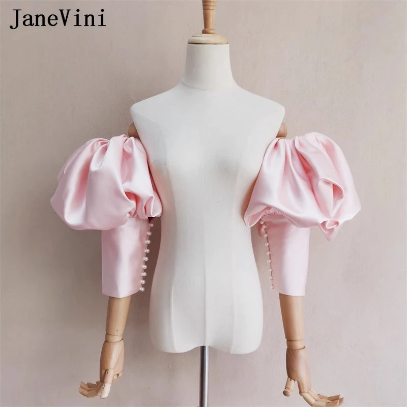 JaneVini Pink Puff Sleeve Bolero Jacket Womens Satin Detachable Arm Three-quarter Sleeves Pearl Wedding Jacket Woman Cape Shawl