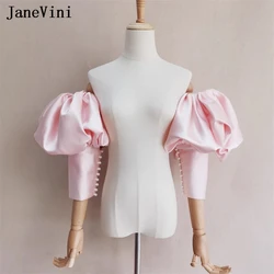 JaneVini Pink Puff Sleeve Bolero Jacket Womens Satin Detachable Arm Three-quarter Sleeves Pearl Wedding Jacket Woman Cape Shawl